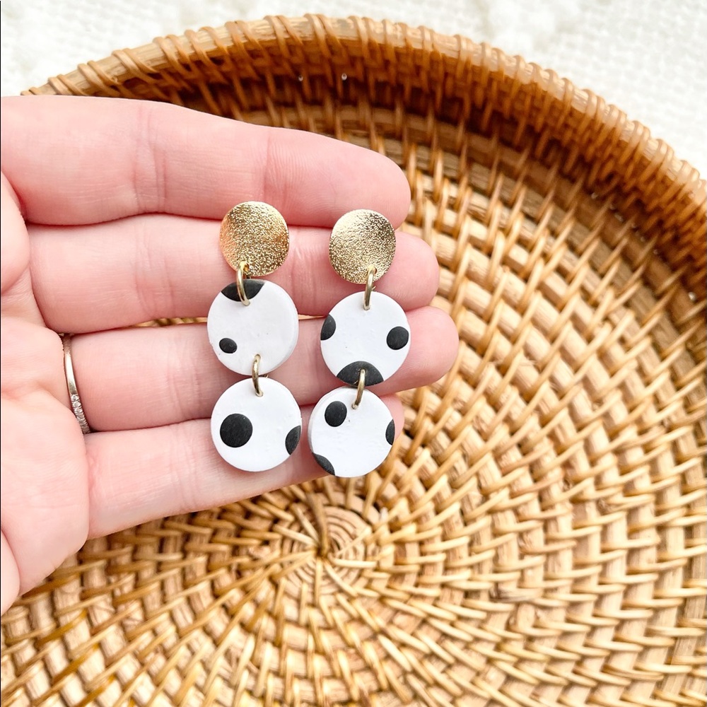 Handmade Polymer Clay Black & White Polka Dot Boho Drop Earrings - Picture 3 of 4